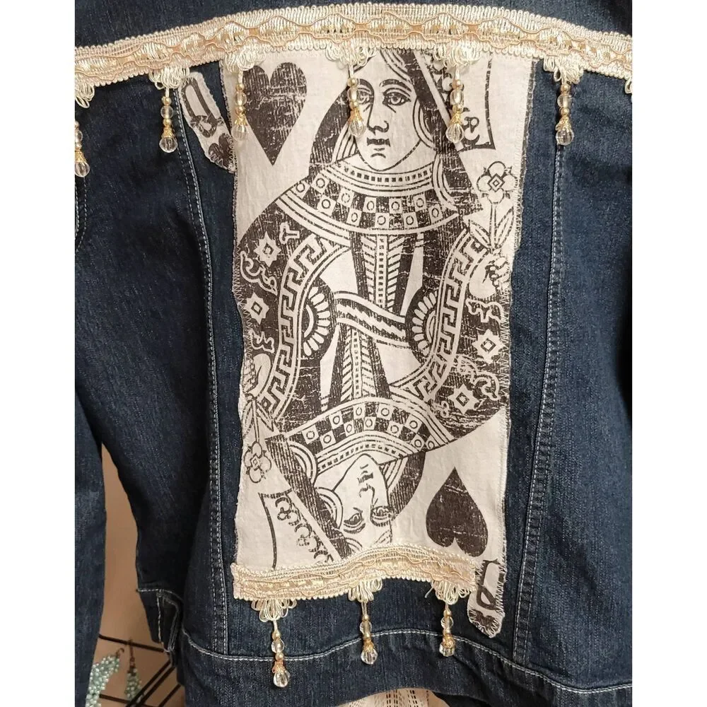 Upcycled reworked jean jacket queen of hearts women's xlg size 16